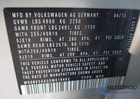 2013 Volkswagen Tiguan Sel from USA, damaged, VIN WVGBV3AX0DW619462